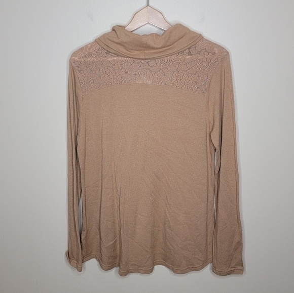 Kori | Tan Cowl Neck Sweater with Lace Upper Size Medium - Picture 2 of 4